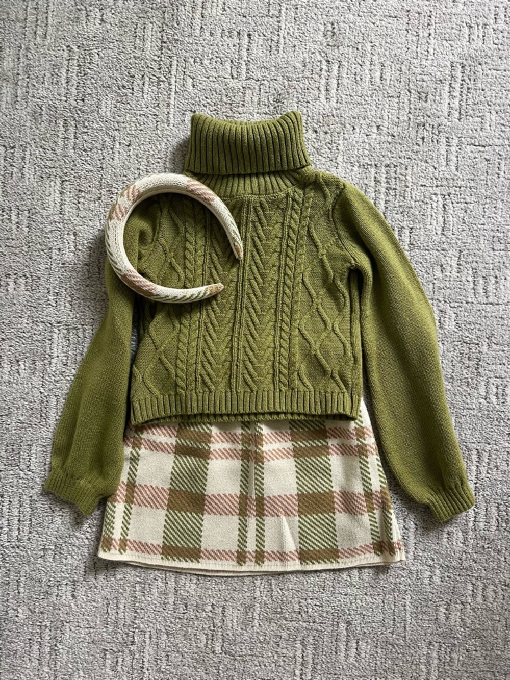 Olive Green Cable Knit Turtleneck Sweater and plaid skirt set